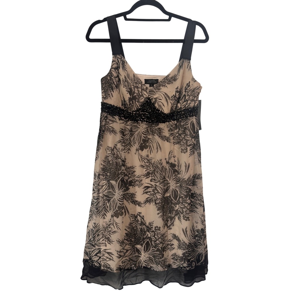 Tahari ASL Silk Beaded Cocktail Dress Womens 8 Beige Black Floral Empire NWT